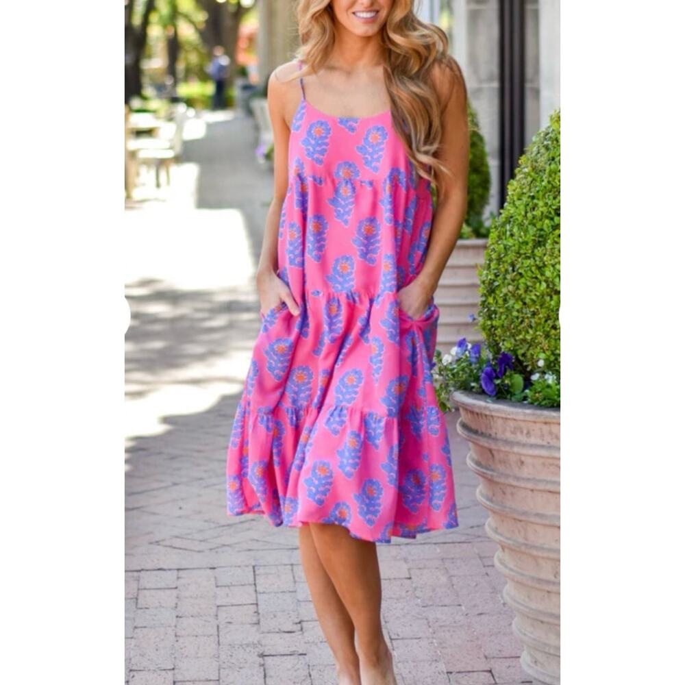 J.Marie Pink Tiered Dress Boho Resort Sundress Coastal Vacation Preppy Small